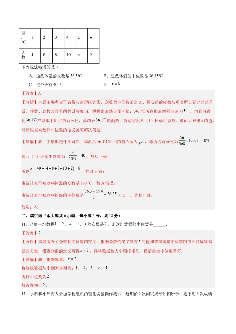 第六章数据的分析（高效培优单元测试&middot;提升卷）（教师版）_北师大初中数学_8上-北师大版初中数学_初中数学北师大8上-2025秋季新版_第二套推荐25_08专项讲练_阶段测试