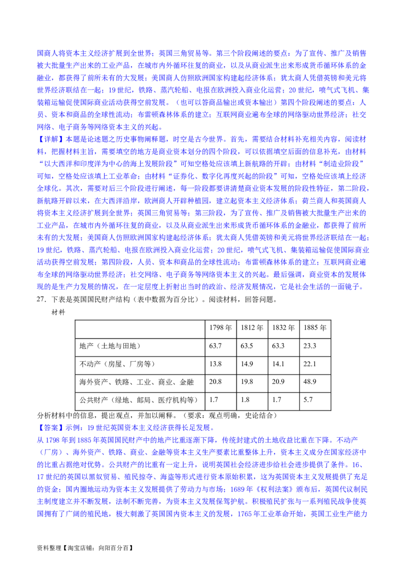 主题10工业革命时期世界的发展变化（主观题专练50题）（解析版）_07高考历史_新高考复习资料_2024年新高考复习资料_一轮复习资料_世界史板块_主题10工业革命时期世界的发展变化