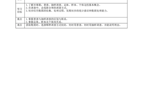 核心素养目标6.2普查和抽样调查教学设计_北师大初中数学_7上-北师大版初中数学_7上-初中数学北师大（旧版）赠送_01课件+教案核心素养目标_教案