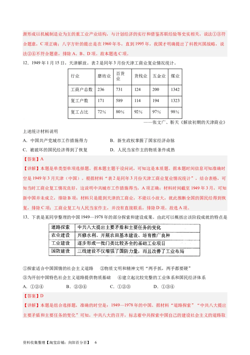 专题突破卷09中华人民共和国成立和社会主义革命与建设（解析版）_07高考历史_新高考复习资料_2024年新高考复习资料_一轮复习资料_专题突破卷