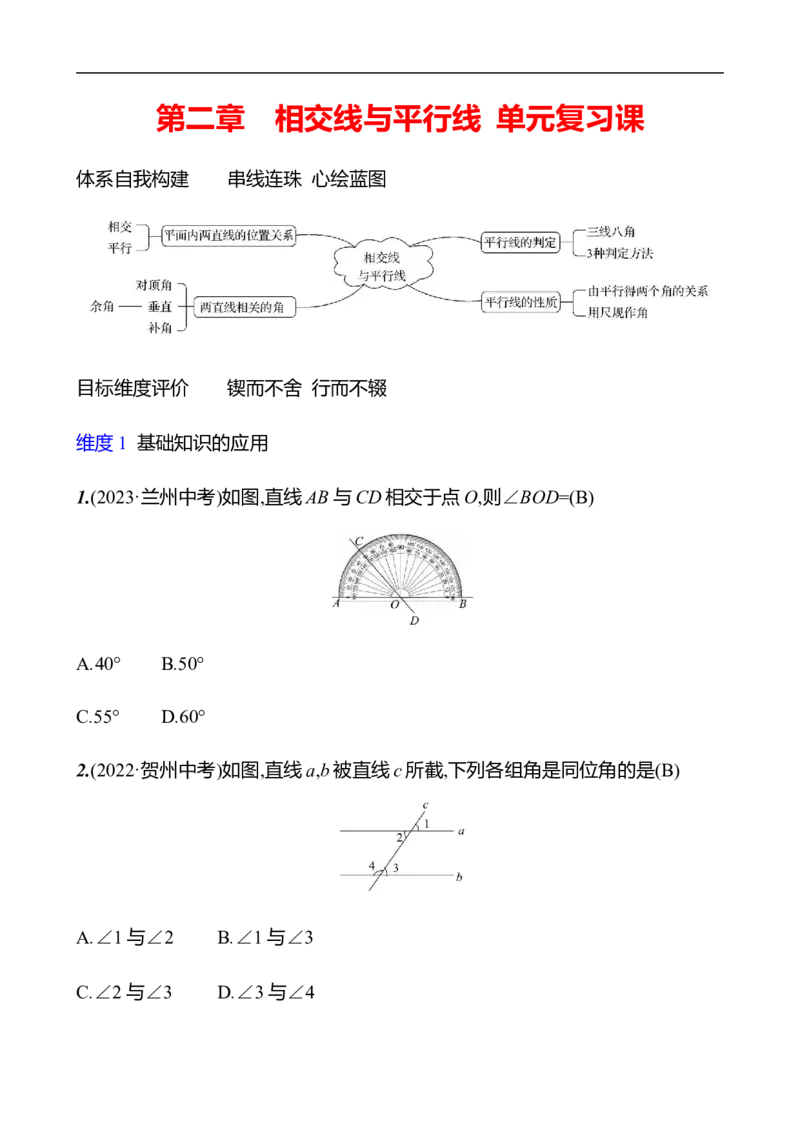 第二章　相交线与平行线　单元复习课_北师大初中数学_7下-北师大版初中数学_7下-初中数学北师大版（2025春季新版）持续更新_3导学案（齐全）