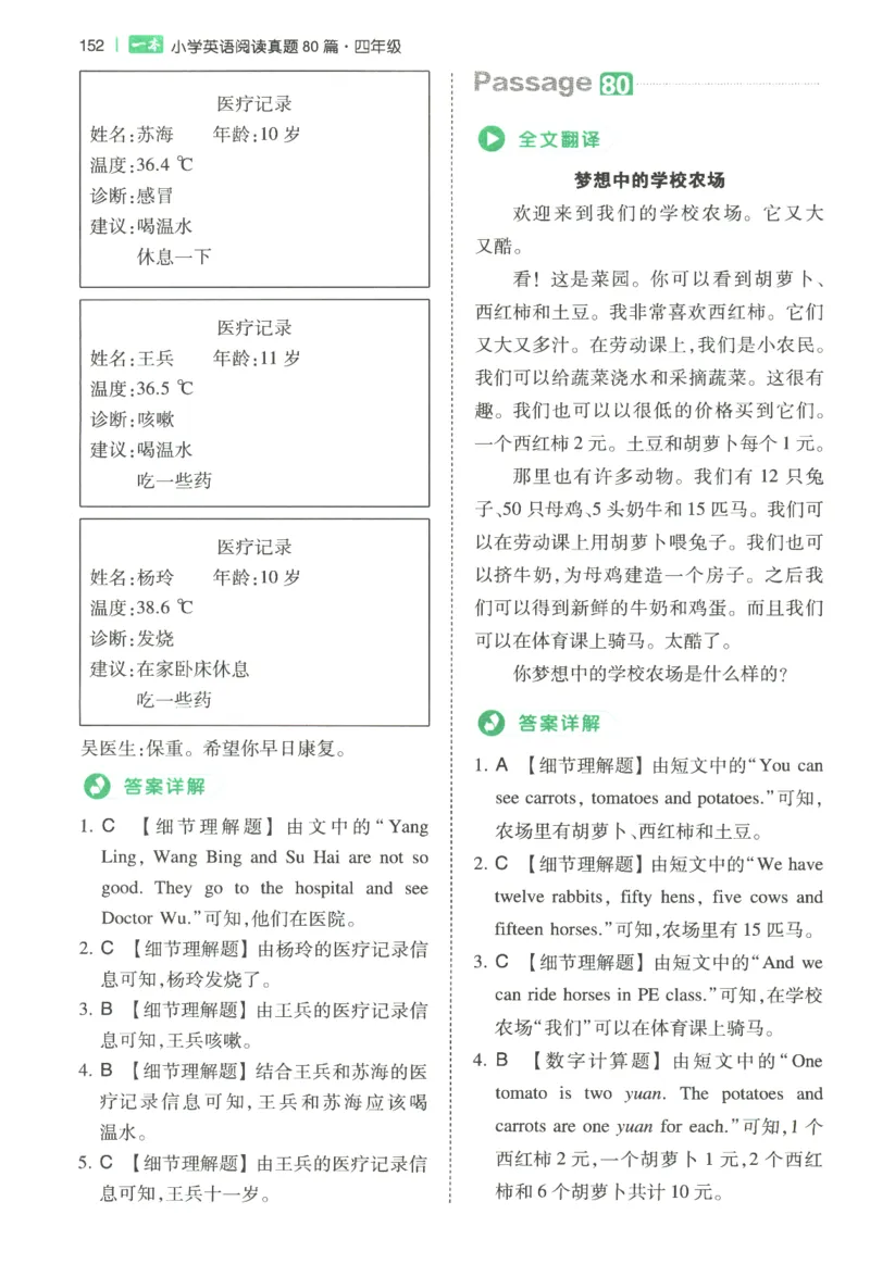 2026版第5次一本英语阅读真题80篇-4年级-参考答案_小学教辅2026新版+暑假衔接_2026版第5次一本英语阅读真题80篇3-6年级