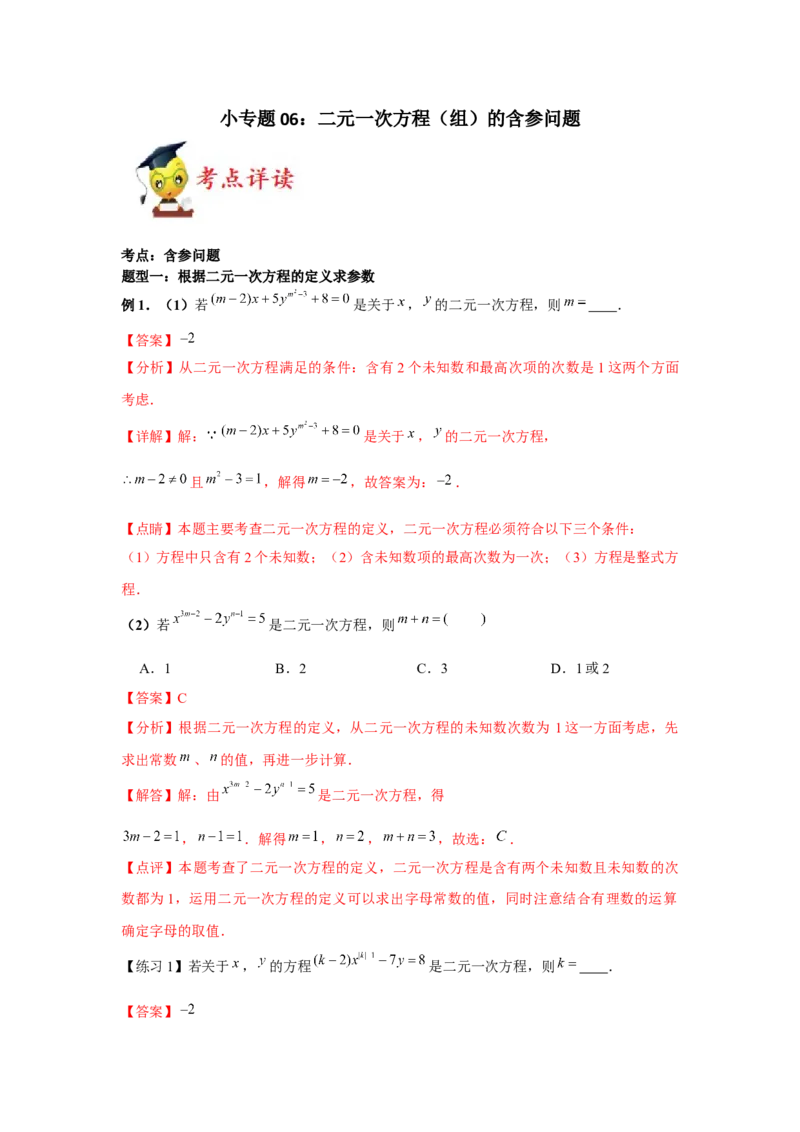 小专题06：二元一次方程（组）含参问题（解析版）-2021-2022学年八年级数学上册基础考点专题培优训练+重要题型小专题（北师大版）_北师大初中数学_8上-北师大版初中数学_旧版