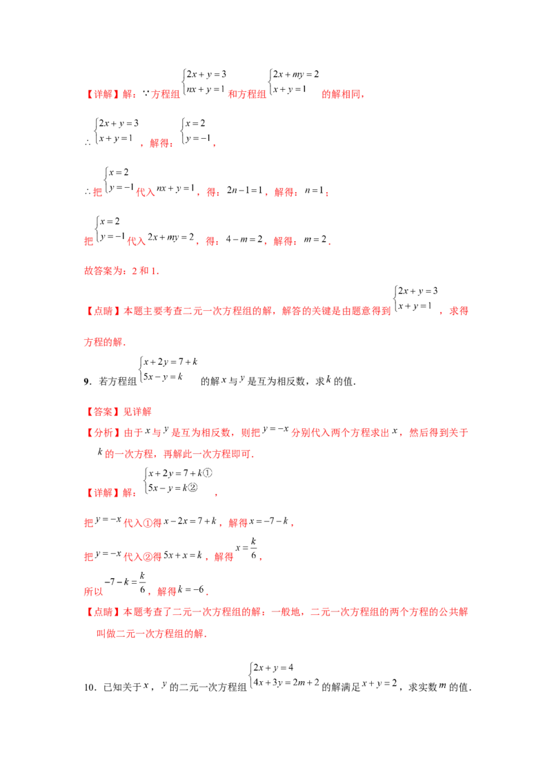 小专题06：二元一次方程（组）含参问题（解析版）-2021-2022学年八年级数学上册基础考点专题培优训练+重要题型小专题（北师大版）_北师大初中数学_8上-北师大版初中数学_旧版