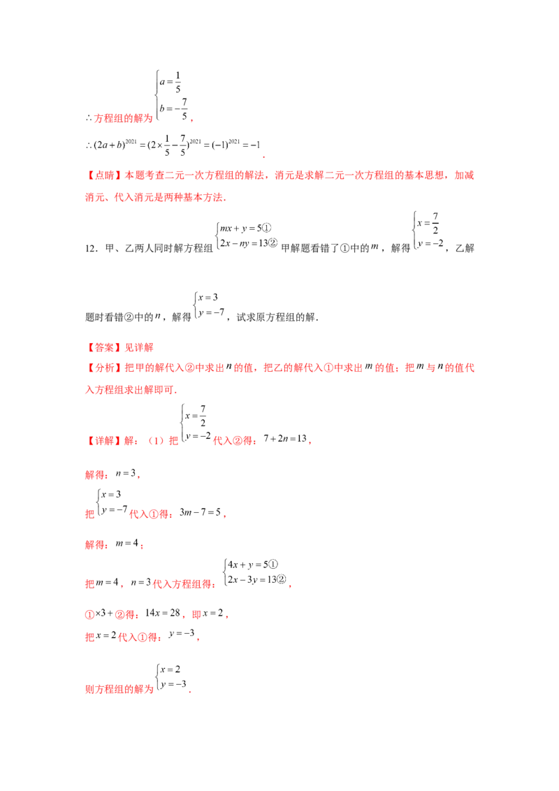 小专题06：二元一次方程（组）含参问题（解析版）-2021-2022学年八年级数学上册基础考点专题培优训练+重要题型小专题（北师大版）_北师大初中数学_8上-北师大版初中数学_旧版
