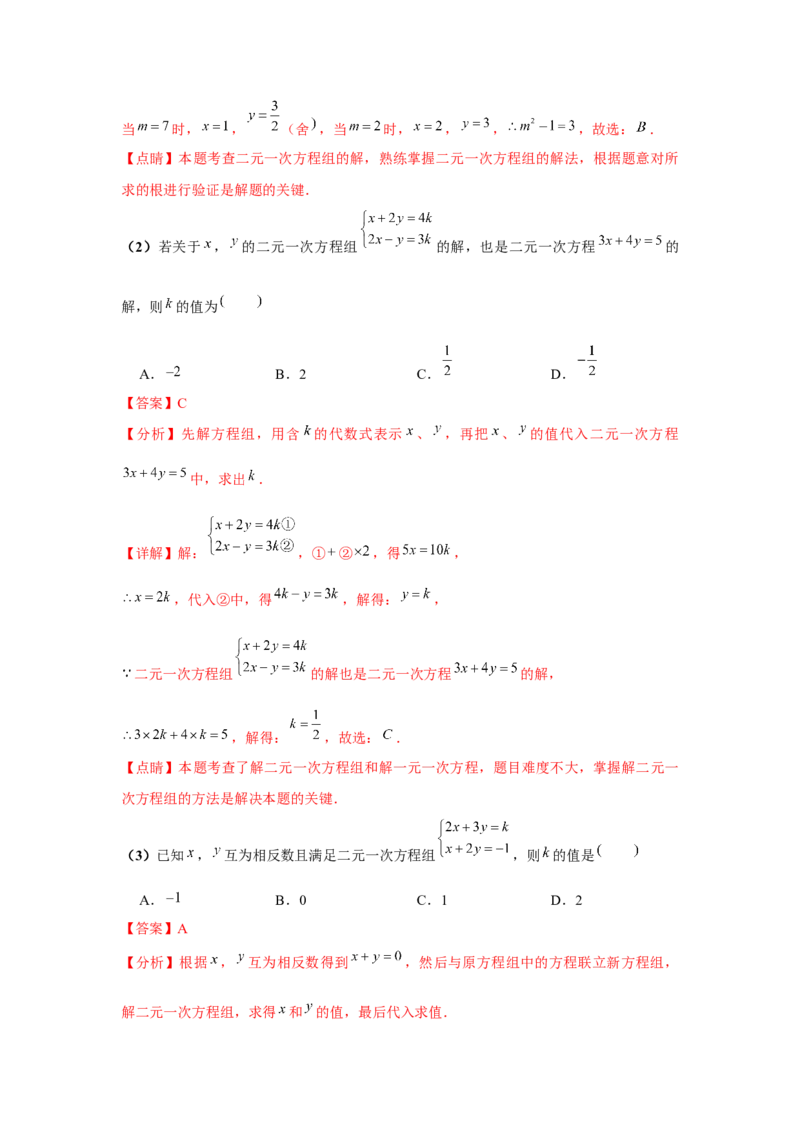 小专题06：二元一次方程（组）含参问题（解析版）-2021-2022学年八年级数学上册基础考点专题培优训练+重要题型小专题（北师大版）_北师大初中数学_8上-北师大版初中数学_旧版