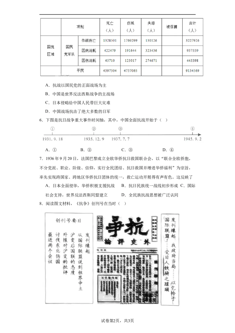 从局部抗战到全国抗战-2023-2024学年高三历史二轮（专题训练）原卷版_07高考历史_2024年新高考资料_2.2024二轮复习_2024届高三历史统编版二轮复习专项训练