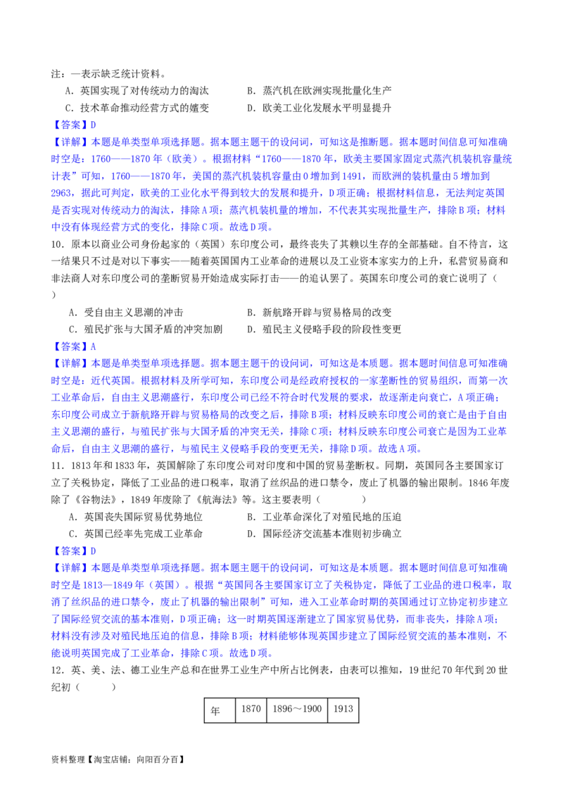 主题10工业革命时期世界的发展变化（选择题专练50题）（解析版）_07高考历史_新高考复习资料_2024年新高考复习资料_一轮复习资料_世界史板块_主题10工业革命时期世界的发展变化