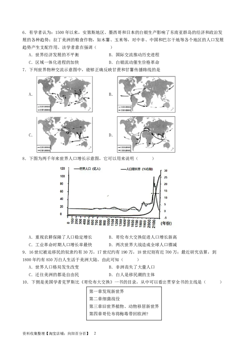 主题09走向整体的世界和资本主义制度的确立（选择题专练50题）（原卷版）_07高考历史_新高考复习资料_2024年新高考复习资料_一轮复习资料_世界史板块