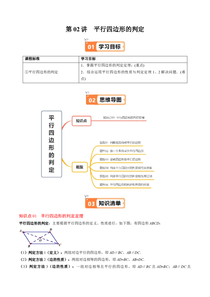 第六章第02讲平行四边形的判定（1个知识点+6类热点题型讲练+习题巩固）（原卷版）_北师大初中数学_8下-北师大版初中数学_旧版-可参考_第六章第平行四边形