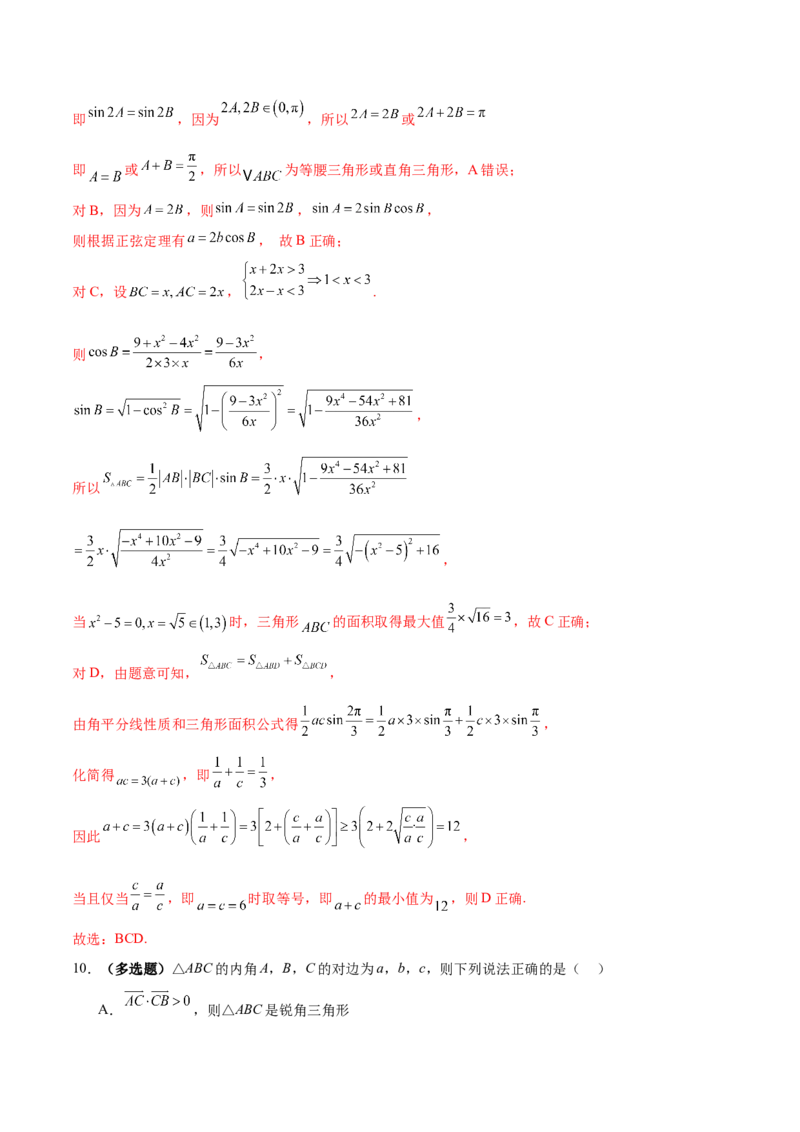 专题10正余弦定理在解三角形中的高级灵活应用与最值问题（练习）（解析版）_2025年新高考资料_二轮复习_上好课2025年高考数学二轮复习讲练测（新高考通用）3379306