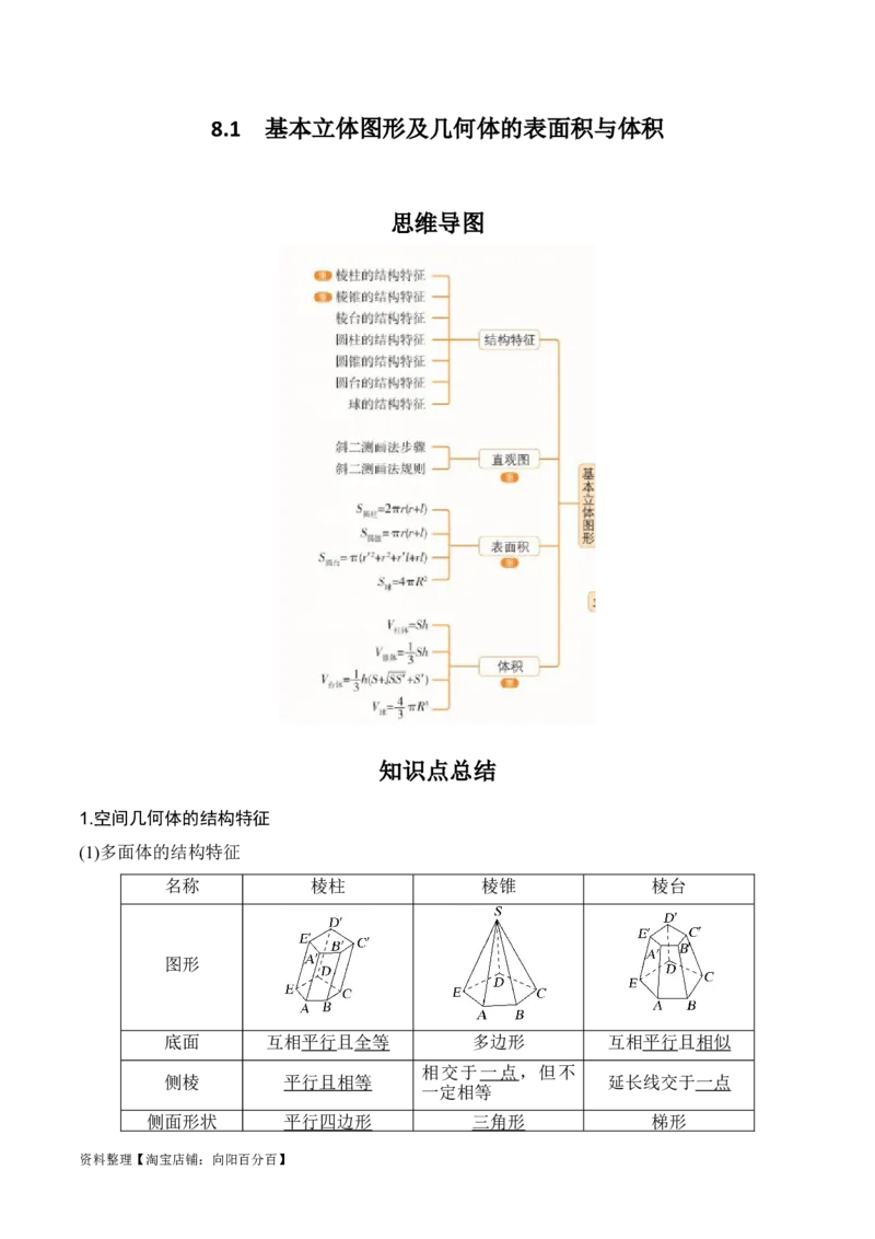 专题8.1基本立体图形及几何体的表面积与体积(解析版)_02高考数学_新高考复习资料_2024年新高考资料_一轮复习资料_答案解析版
