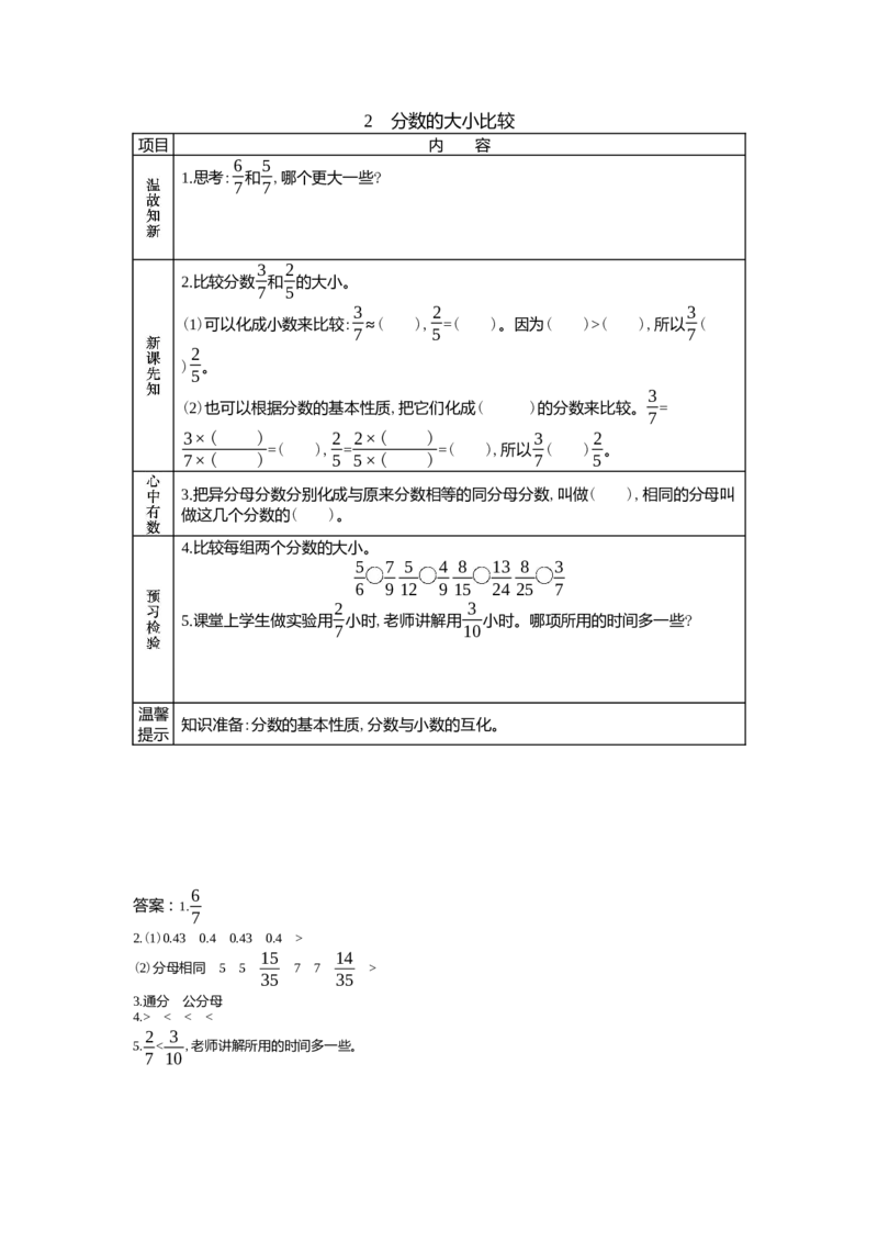 2.2分数的大小比较_小学1-6年级常用的上册资源汇总_五年级上册资料(1)_5年级下册教学资源包教案+学案_第二单元异分母分数加减法（教案+学案）_学案