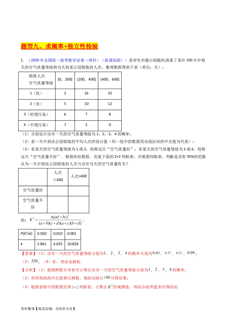 专题43重点专训统计大题专项训练（理科）（教师版）_02高考数学_通用版（老高考）复习资料_2024年复习资料_完备战2024年高考数学一轮复习考点帮（全国通用）