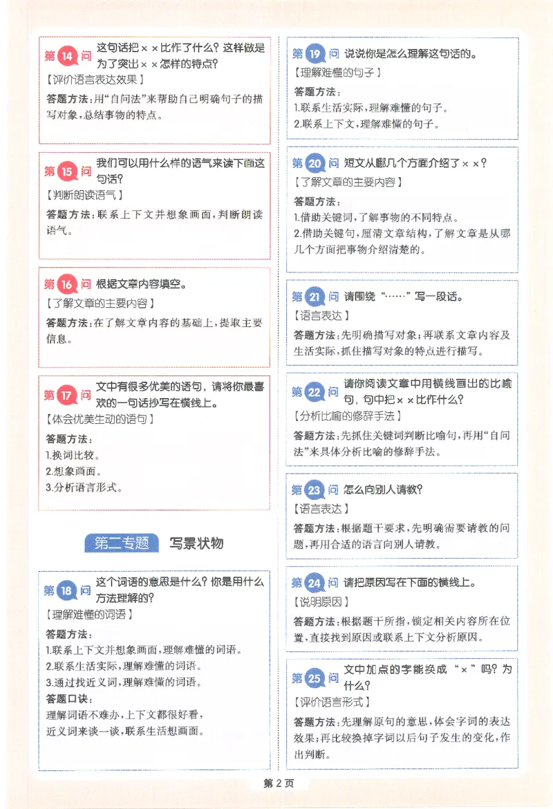 一本-小学语文阅读答题方法100问-3年级专题卡片(6)_小学1-6年级一本阅读题系列