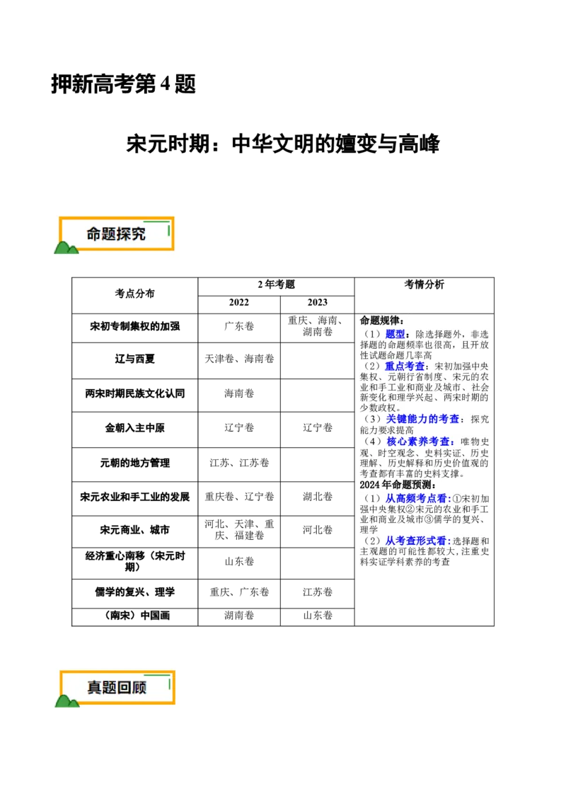 押新高考第4题宋元时期：中华文明的嬗变与高峰（解析版）_07高考历史_2024年新高考资料_52024三轮冲刺_备战2024年高考历史临考题号押题（新高考通用）322946313