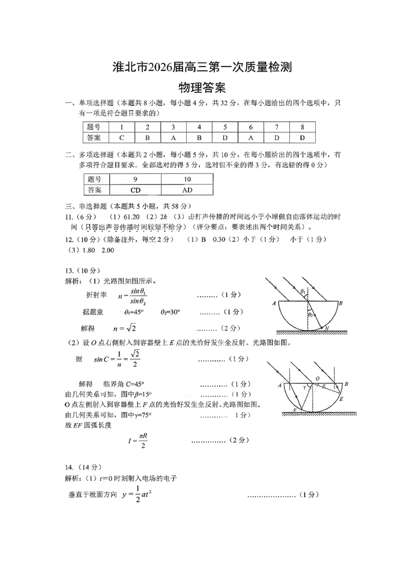 物理答案_全国高考模拟卷_2026年2月_260203安徽省淮北市2026届高三第一次质量监测（淮北一模）（全科）
