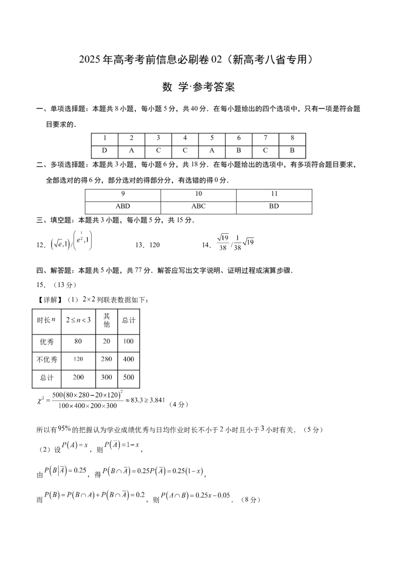 信息必刷卷02（新高考八省专用）参考答案_02高考数学_2025年新高考资料_2025考前信息卷_2025年高考数学考前信息必刷卷（新高考八省专用）3430956