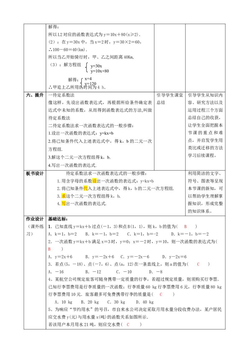 精8北师大版（2024）八年级数学上册第五章《二元一次方程组》5.4用二元一次方程组确定一次函数的表达式课时计划_北师大初中数学_8上-北师大版初中数学_第二套推荐25
