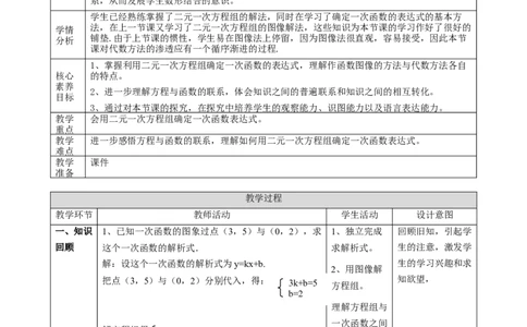 精8北师大版（2024）八年级数学上册第五章《二元一次方程组》5.4用二元一次方程组确定一次函数的表达式课时计划_北师大初中数学_8上-北师大版初中数学_第二套推荐25