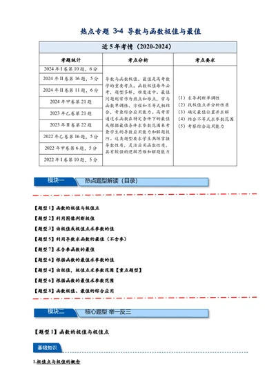 热点专题3-4导数与函数极值与最值8类题型（原卷版）--2025年高考数学热点题型追踪与重难点专题突破（新高考专用）_2025年新高考资料_二轮复习