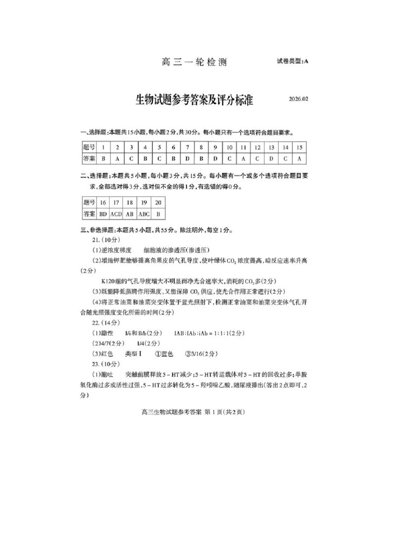山东省泰安市高三一轮检测（泰安一模）生物试题+答案_全国高考模拟卷_2026年2月_260204山东省泰安市2026届高三一轮检测（泰安一模）（全科）