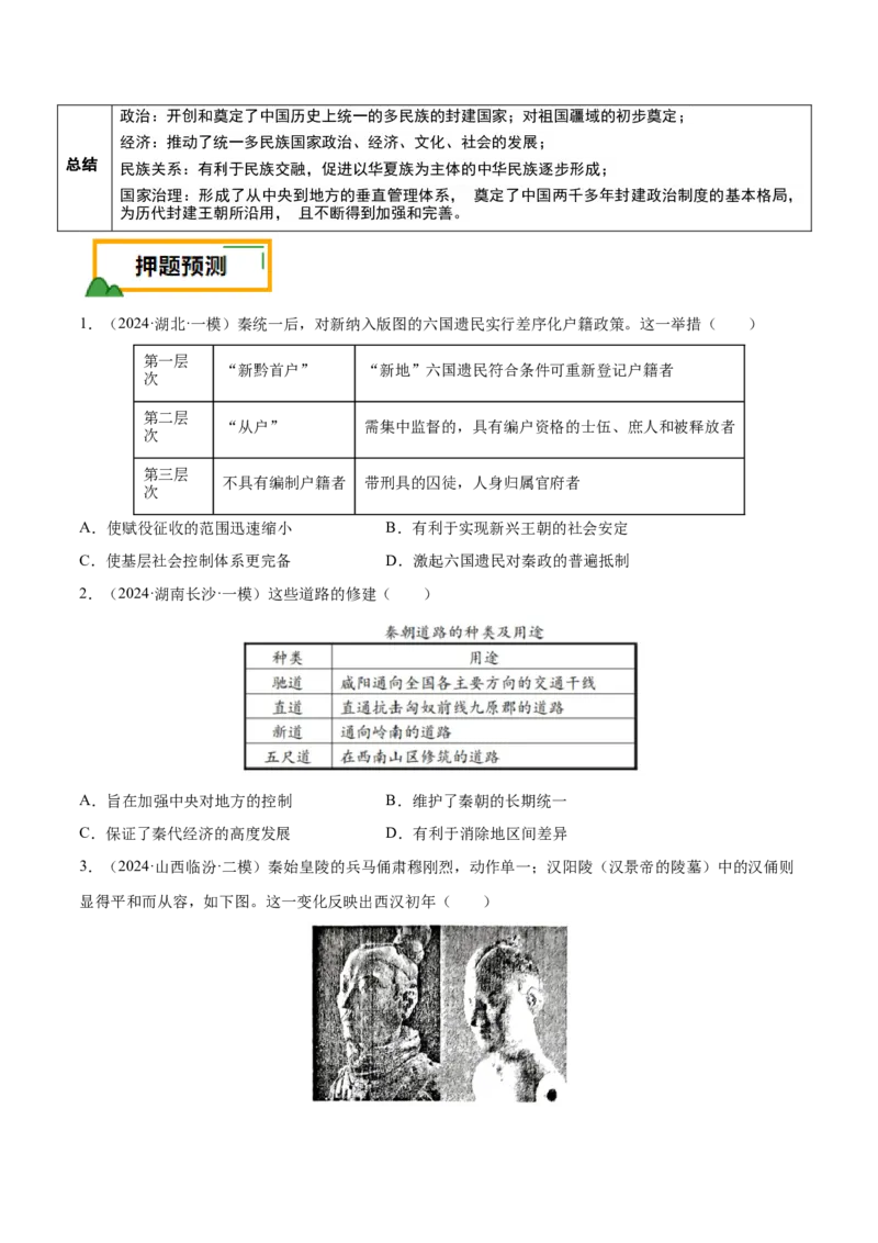 押广东卷第2题秦汉时期：大一统（原卷版）_07高考历史_2024年新高考资料_52024三轮冲刺_备战2024年高考历史临考题号押题（广东专用）323033819