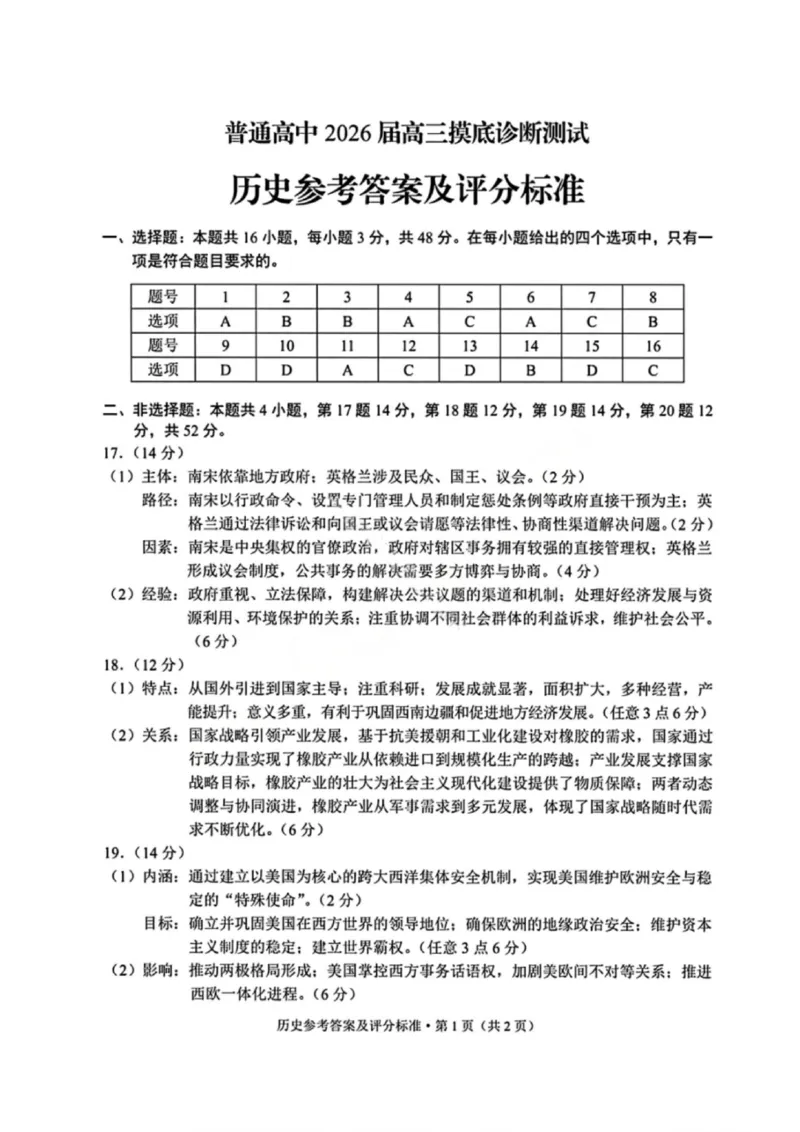 历史答案-昆明市普通高中2026届高三2月摸底诊断测试_全国高考模拟卷_2026年2月_260204云南省昆明市2026届高三摸底诊断测试_云南省昆明市2026届高三摸底诊断测试历史