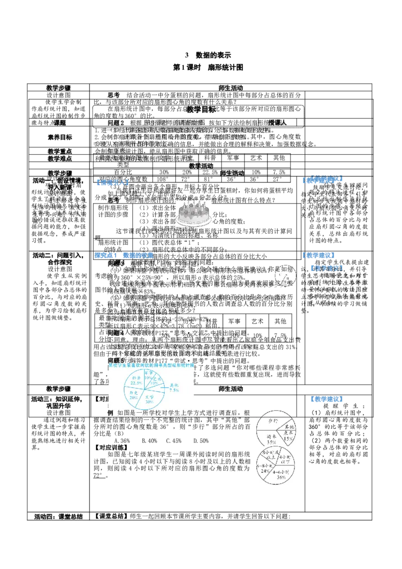 素养目标6.3.1扇形统计图教案（表格式）2024-2025学年北师大数学七年级上册_北师大初中数学_7上-北师大版初中数学_7上-初中数学北师大（2024新版）持续更新_04教案