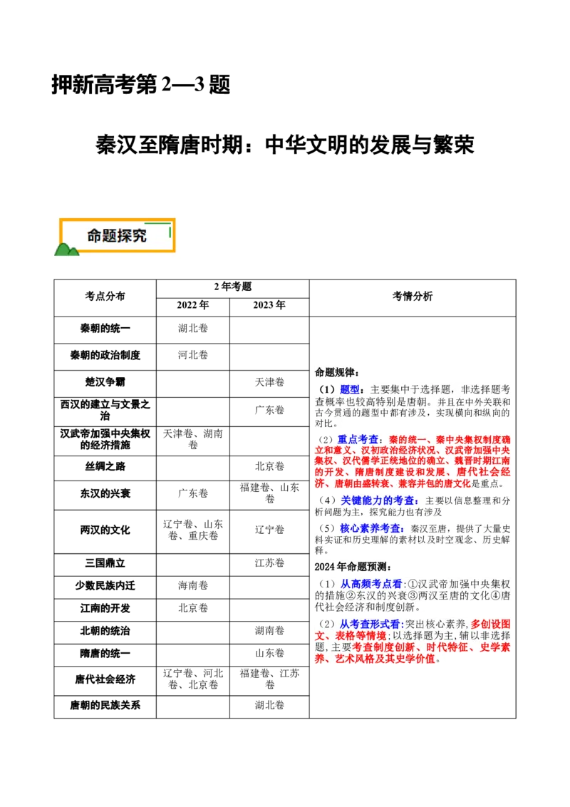 押新高考第2-3题秦汉至隋唐时期：中华文明的发展与繁荣（解析版）_07高考历史_2024年新高考资料_52024三轮冲刺_备战2024年高考历史临考题号押题（新高考通用）322946313