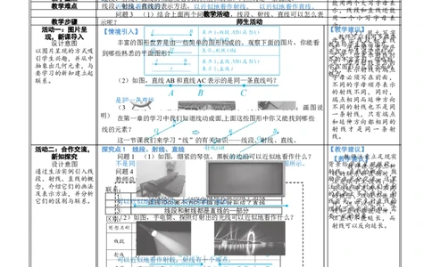 素养目标4.1.1线段、射线、直线教案（表格式）2024-2025学年北师大数学七年级上册_北师大初中数学_7上-北师大版初中数学_7上-初中数学北师大（2024新版）持续更新_04教案