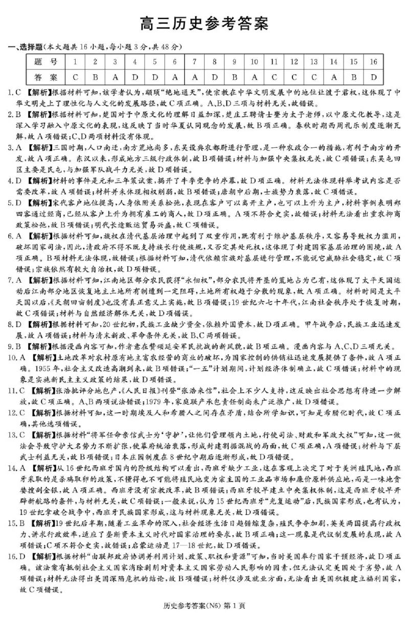 长郡中学2026届高三月考试卷（六）历史答案_全国高考模拟卷_2026年2月_260212湖南省长沙市长郡中学2026届高三年级月考（六）（全科）