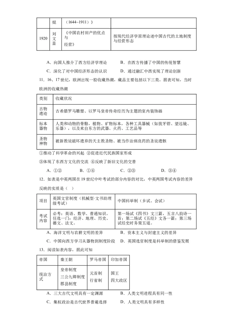 文化类热点-文明差异比较与交流借鉴-2023-2024学年高三历史二轮（专题训练）原卷版_07高考历史_2024年新高考资料_2.2024二轮复习_2024届高三历史统编版二轮复习专项训练