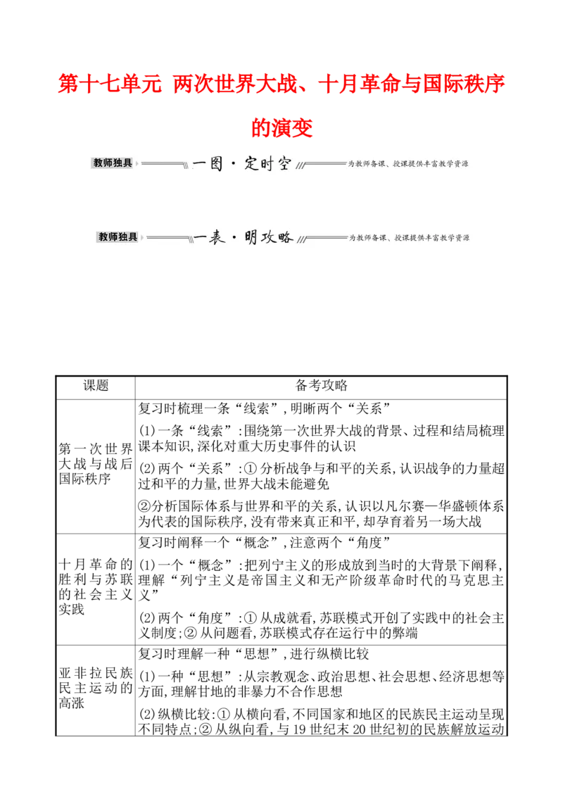 单元整合1_07高考历史_新高考复习资料_2022年新高考复习资料_2022届一轮复习讲练结合7.11更新_系列1_第十七单元两次世界大战、十月革命与国际秩序的演变