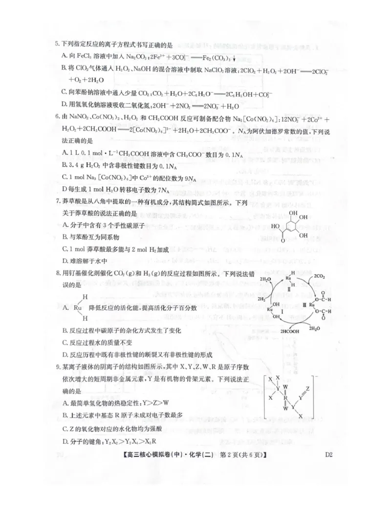 2025-2026学年上学期高三期末考试化学试题_全国高考模拟卷_2026年2月_260206九师联盟2025-2026学年高三核心模拟卷（中）（二）（全科）