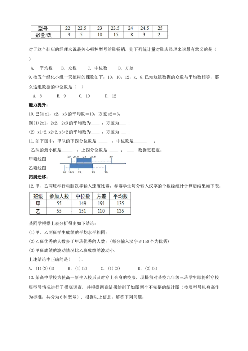 精5北师大版（2024）八年级数学上册第六章《数据的分析》回顾与思考导学案_北师大初中数学_8上-北师大版初中数学_初中数学北师大8上-2025秋季新版_第二套推荐25