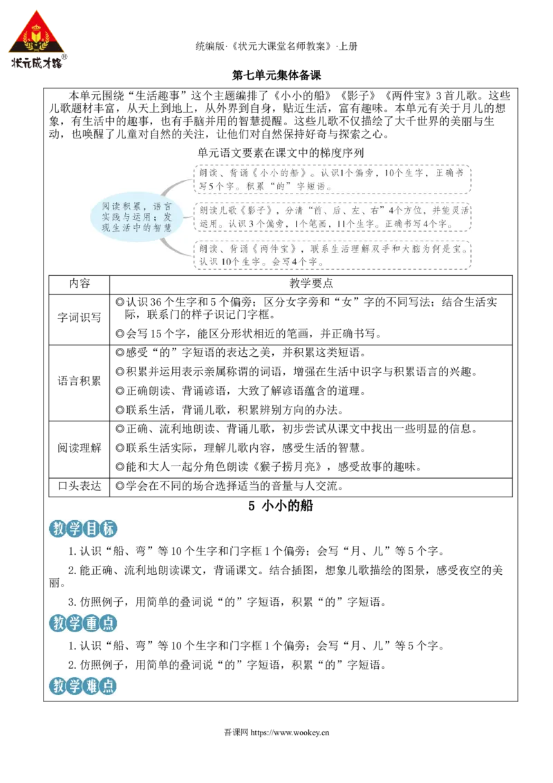 5小小的船教案_25秋1-6年级语文上册课件教案_25秋统编版语文一年级上册_统编版语文一年级上册教学资源包（25秋状元大课堂）_2.1语上教案_7.第七单元