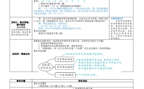 素养目标2.2.1有理数的加法教案（表格式）2024-2025学年北师大数学七年级上册_北师大初中数学_7上-北师大版初中数学_7上-初中数学北师大（2024新版）持续更新_04教案