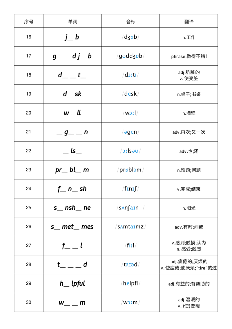 Unit2单词挖空练习_小学教辅2026新版+暑假衔接_《小学英语单词默写表》_外研版（三起）_3-6年级上册_2025秋四年级上册新教材单词默写_Unit2