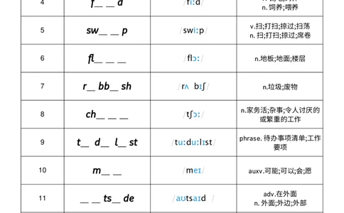 Unit2单词挖空练习_小学教辅2026新版+暑假衔接_《小学英语单词默写表》_外研版（三起）_3-6年级上册_2025秋四年级上册新教材单词默写_Unit2