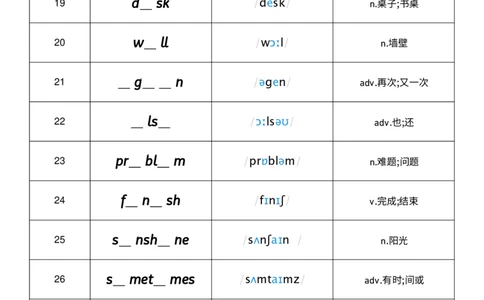 Unit2单词挖空练习_小学教辅2026新版+暑假衔接_《小学英语单词默写表》_外研版（三起）_3-6年级上册_2025秋四年级上册新教材单词默写_Unit2