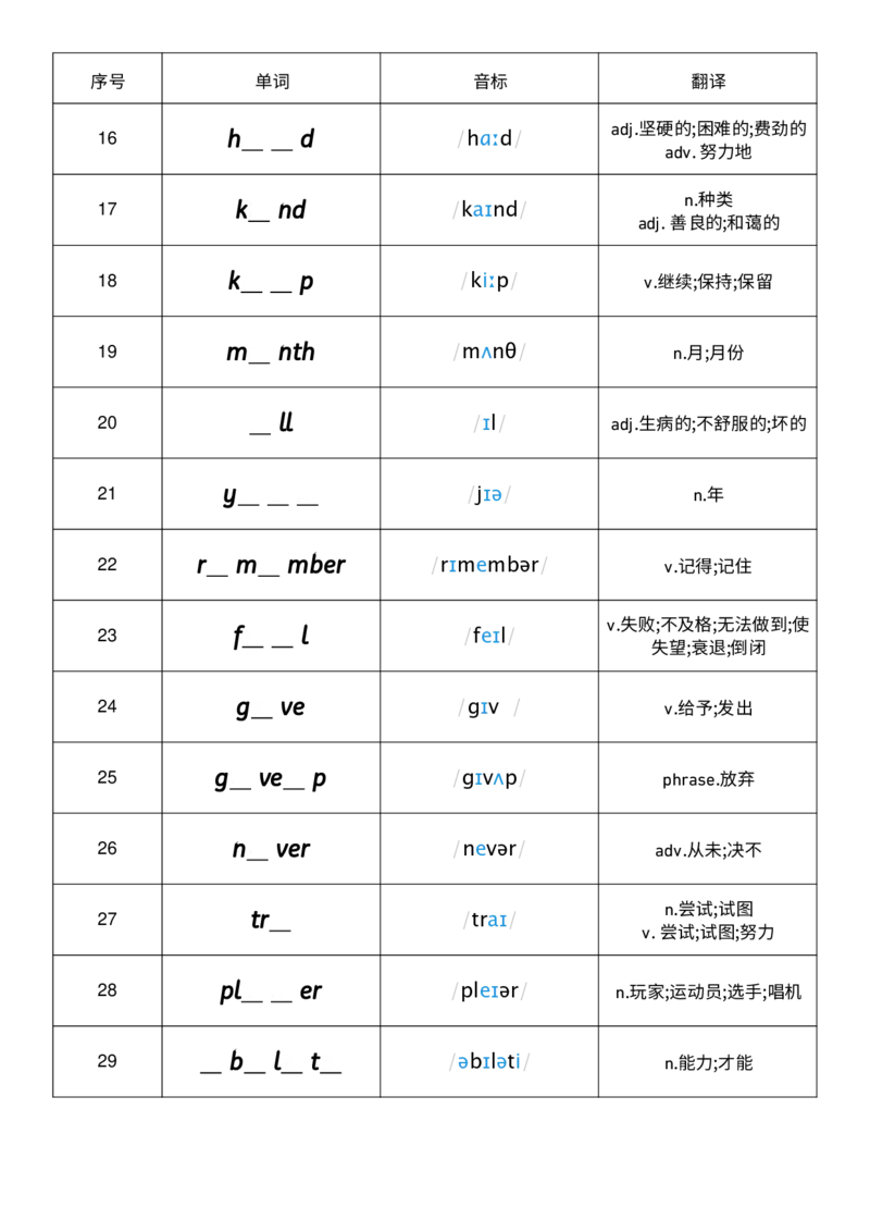 Unit1单词挖空练习_小学教辅2026新版+暑假衔接_《小学英语单词默写表》_外研版（三起）_3-6年级上册_2025秋四年级上册新教材单词默写_Unit1