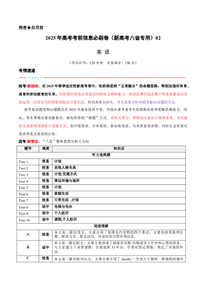 信息必刷卷02（新高考八省专用）解析版_03高考英语_2025年新高考资料_2025考前信息卷_2025年高考英语考前信息必刷卷（新高考八省专用）3436535