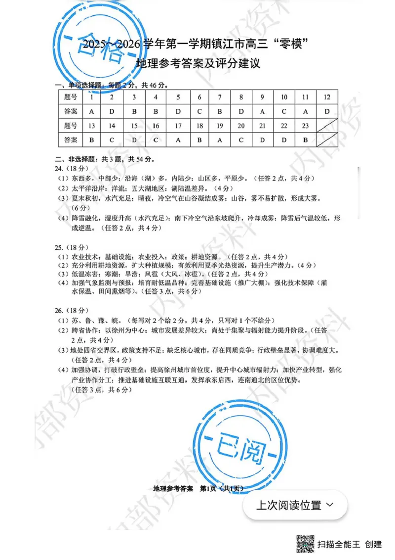 江苏省镇江市2025_2026学年第一学期高三零模地理试题（含答案）_全国高考模拟卷_2026年2月_260204江苏省镇江市2025-2026学年第一学期高三零模