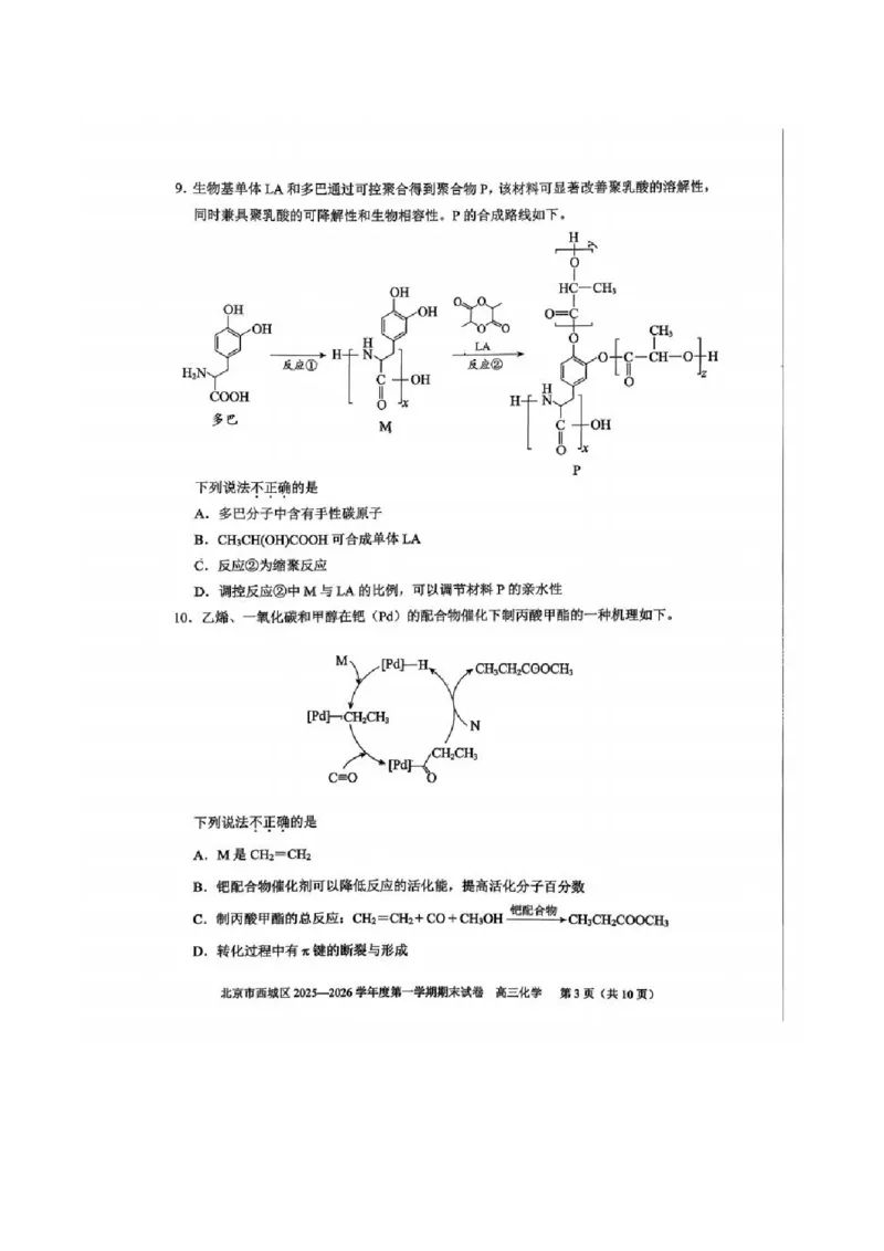 化学试题_全国高考模拟卷_2026年2月_260201北京市西城区2025一2026学年度第一学期期末（全科）_北京市西城区2025-2026学年高三（上）期末化学