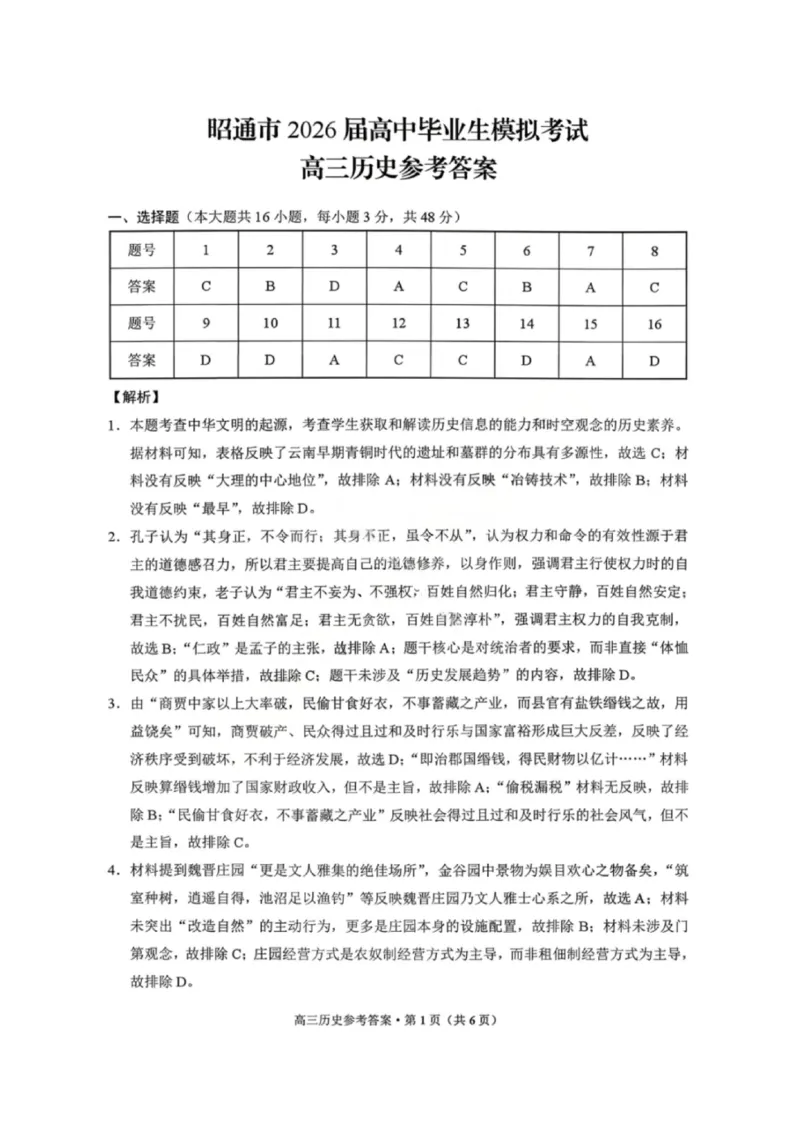 云南省昭通市2026届高中毕业生模拟考试历史答案_全国高考模拟卷_2026年2月_260206云南省昭通市2026届高中毕业生模拟考试（全科）