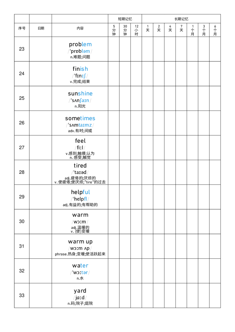 Unit2艾宾浩斯记忆表_小学教辅2026新版+暑假衔接_《小学英语单词默写表》_外研版（三起）_3-6年级上册_2025秋四年级上册新教材单词默写_Unit2