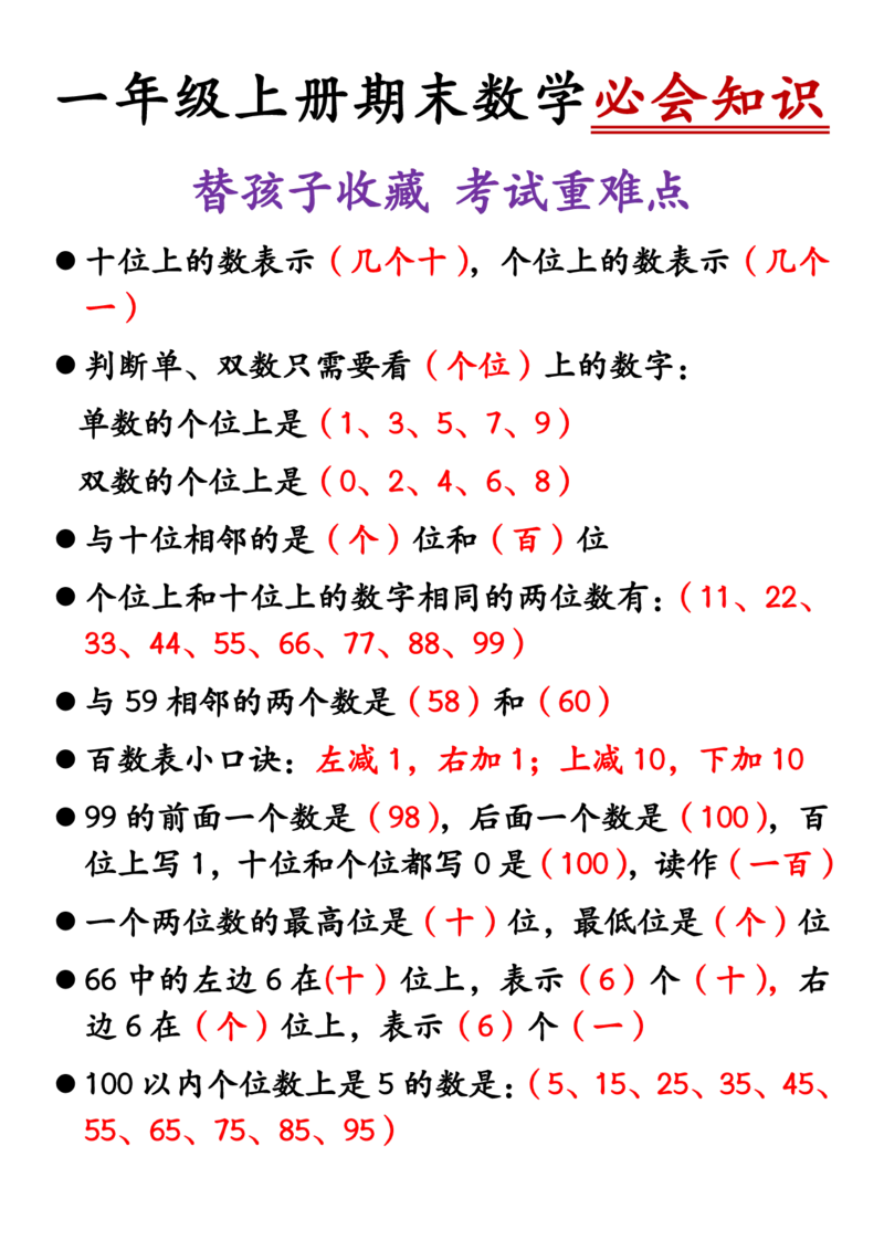 一年级上册期末数学必会知识(2)_小学1-6年级常用的上册资源汇总_一年级上册资料_曹操老师_资料包