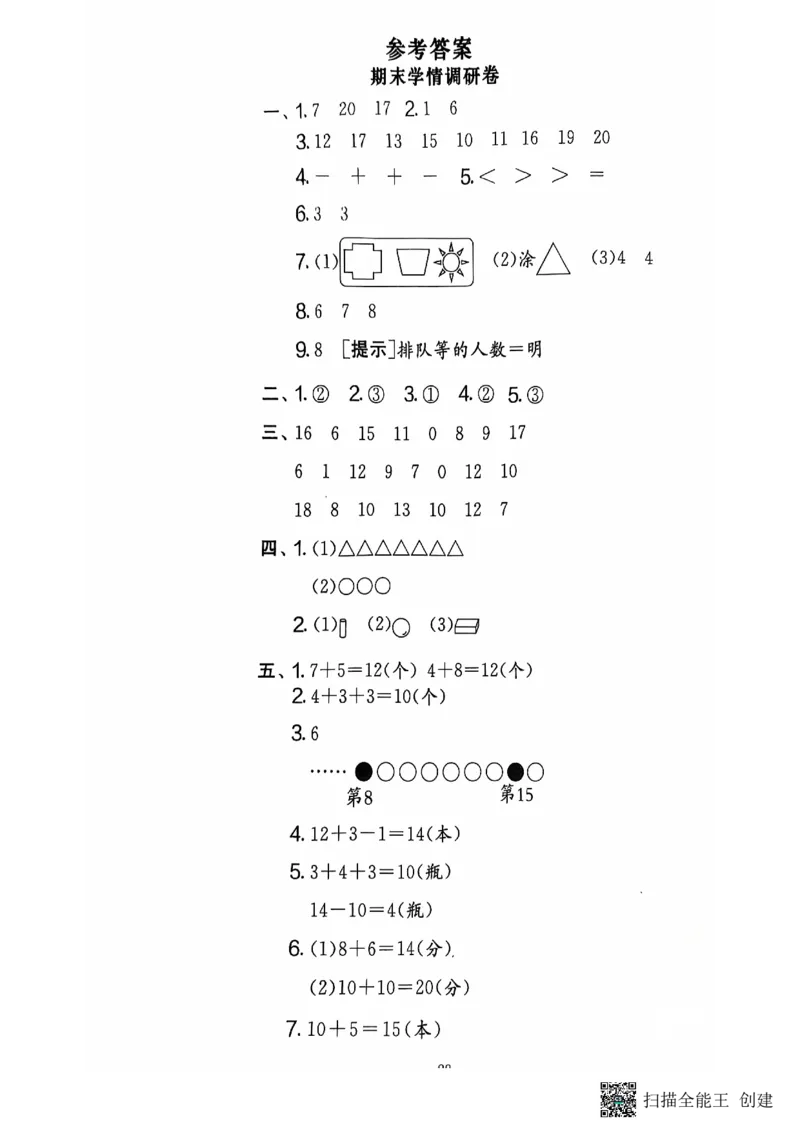 一年级期末数学人教版_小学1-6年级常用的上册资源汇总_一年级上册资料