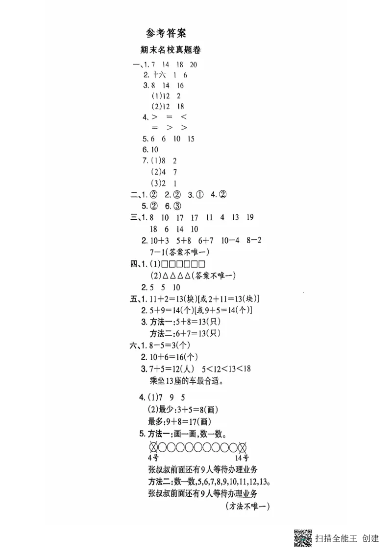 一年级期末数学人教版_小学1-6年级常用的上册资源汇总_一年级上册资料